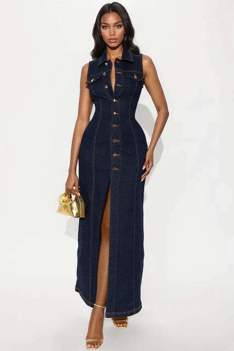 Deandra Denim Stretch Maxi Dress - Dark Denim